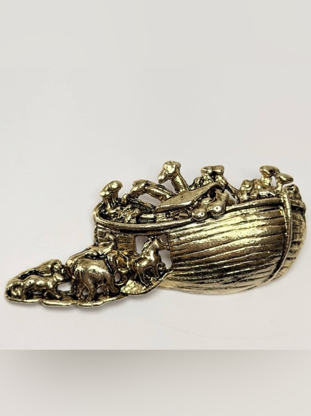 Vintage Gold Tone Noah's Ark Brooch Pin Two by Two Animals Figural Jewelry 2.5”